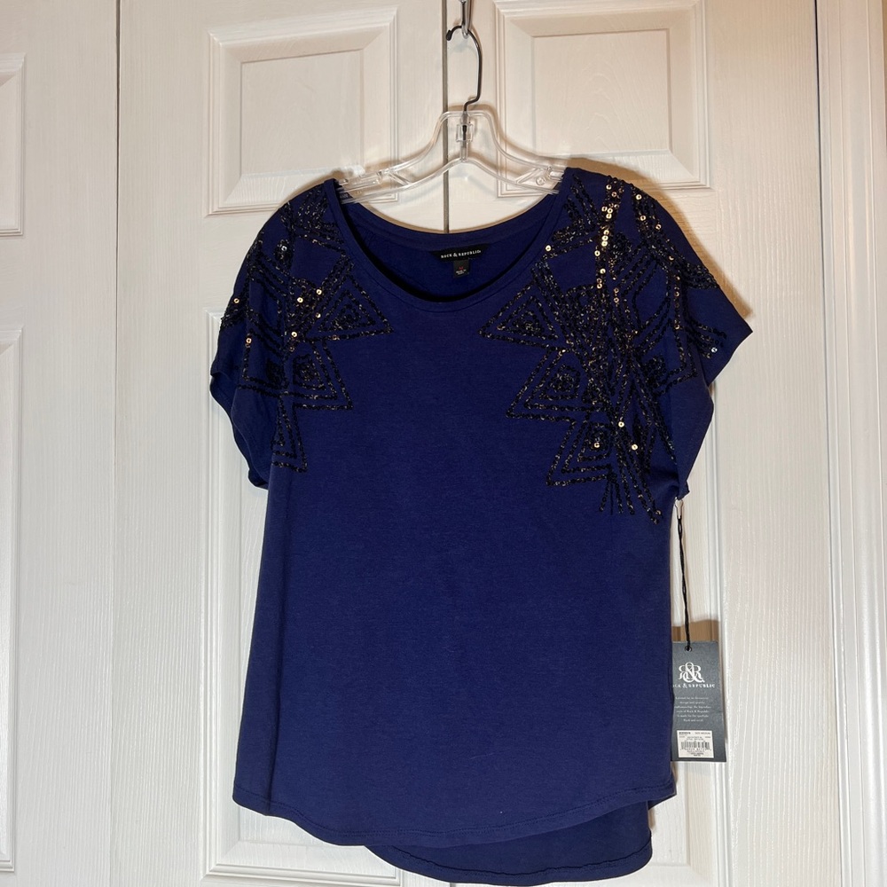 Rock & Republic Navy Sequin Short Sleeve Top